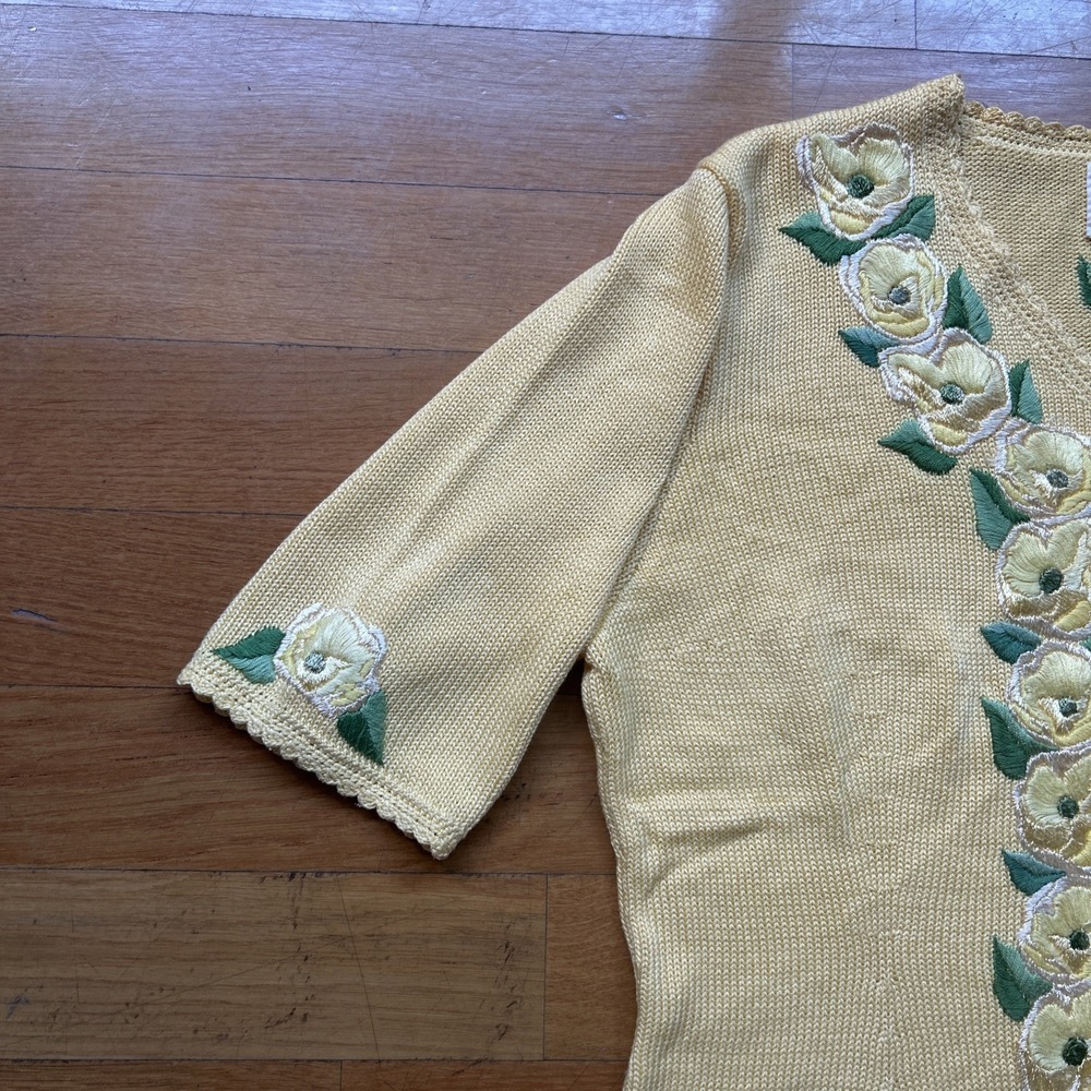 Vintage Yellow Cotton Cardigan Floral Embroidery Short Sleeve Cottagecore S - Picture 6 of 9